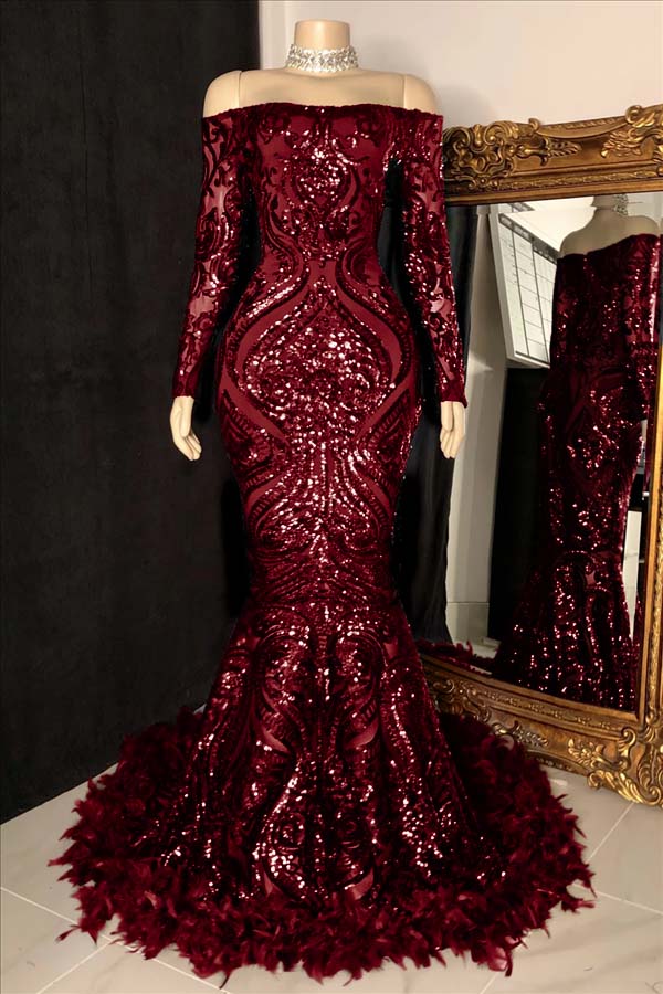 Long Sleeves Strapless Mermaid Formal Dress Sequins Burgundy With Feather