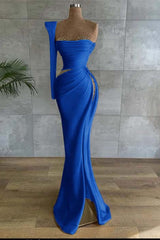 One Shoulder Long Sleeve Long High Split Formal Dress With Beading