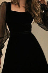 Charming Black Square Neck Long Sleeves Side Split Formal Dress With Beadings