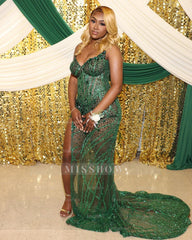 Designer Emerald Strapless V-neck Beaded Lace Prom Dress with Slit