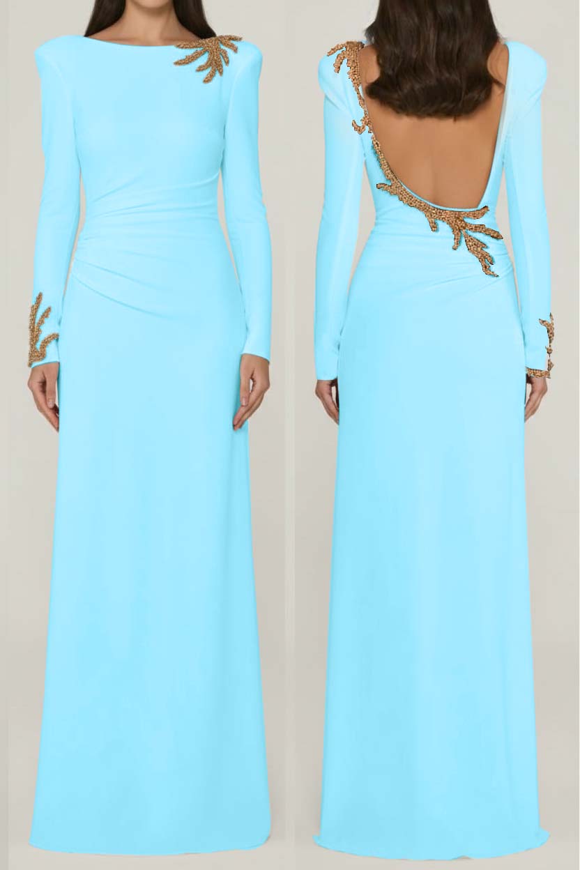 Long Sleeves Long Backless Formal Dress With Appliques Pleated