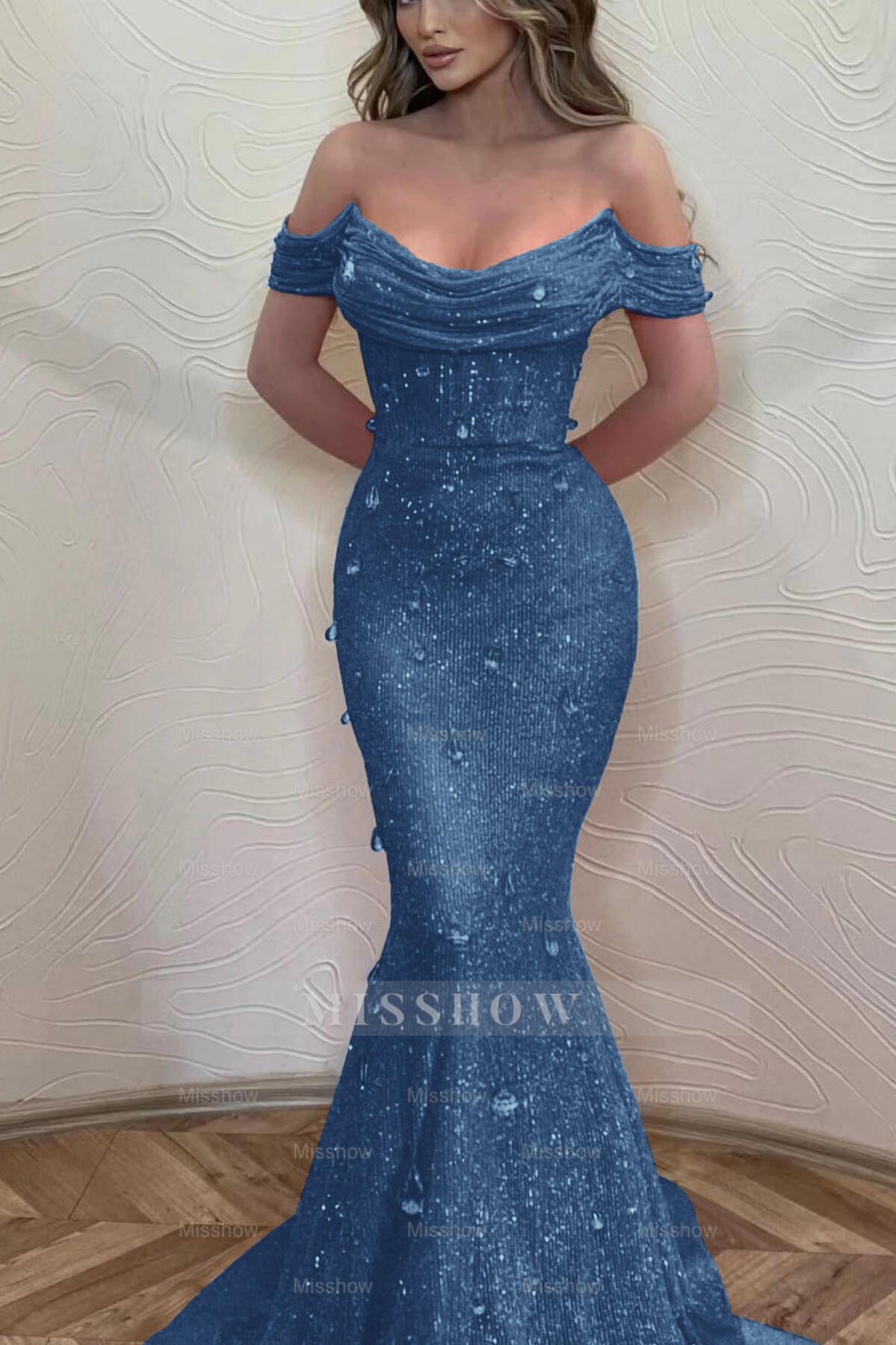 Orange Off the Shoulder Strapless Sleeveless Formal Dress With Sequins Mermaid