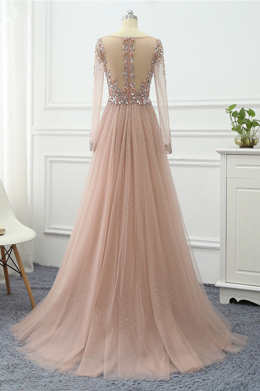 V Neck Long Sleeves Formal Dress Tulle Ruffles With Beading Appliques