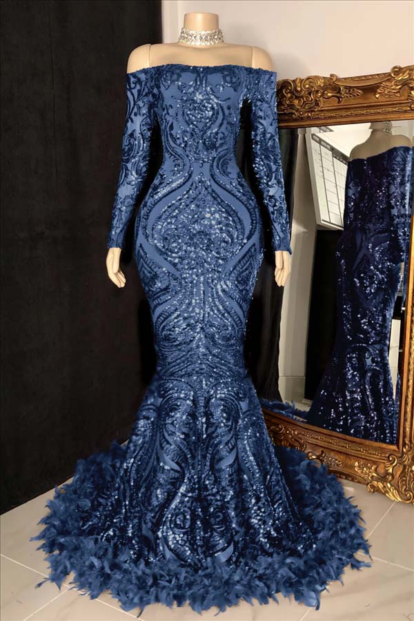 Long Sleeves Strapless Mermaid Formal Dress Sequins Burgundy With Feather