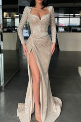 Long Sleeves High Split Long Formal Dress Mermaid With Sequins