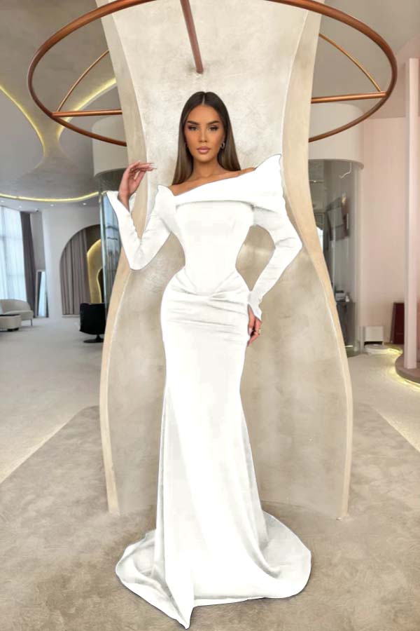 Off the Shoulder Long Sleeves Long Mermaid Formal Dress With Pleated