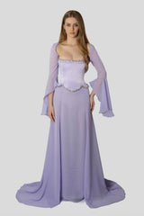 Chiffon Long Sleeves Long Mermaid Formal Dress With Beading Pleated