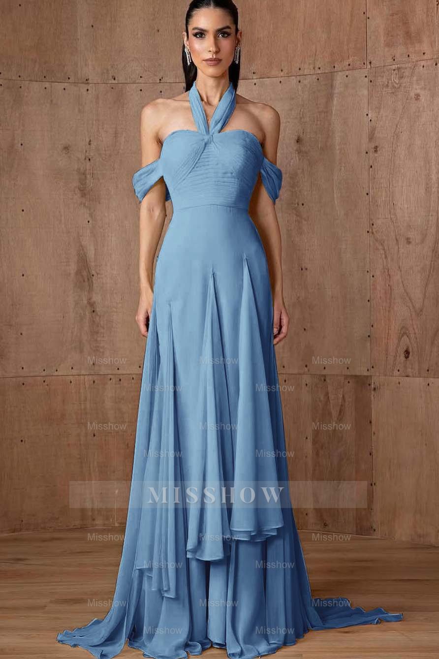 Halter Off the Shoulder Sleeveless Long Formal Dress With Ruffles