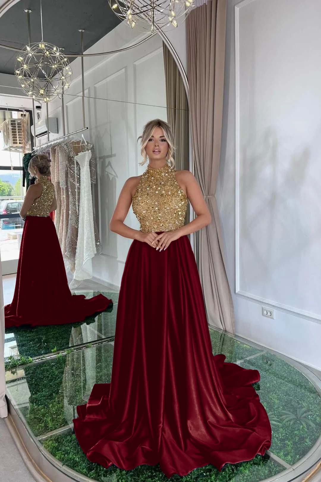 Elegant Sequins Formal Dress Gold Black Long Sleeveless Halter