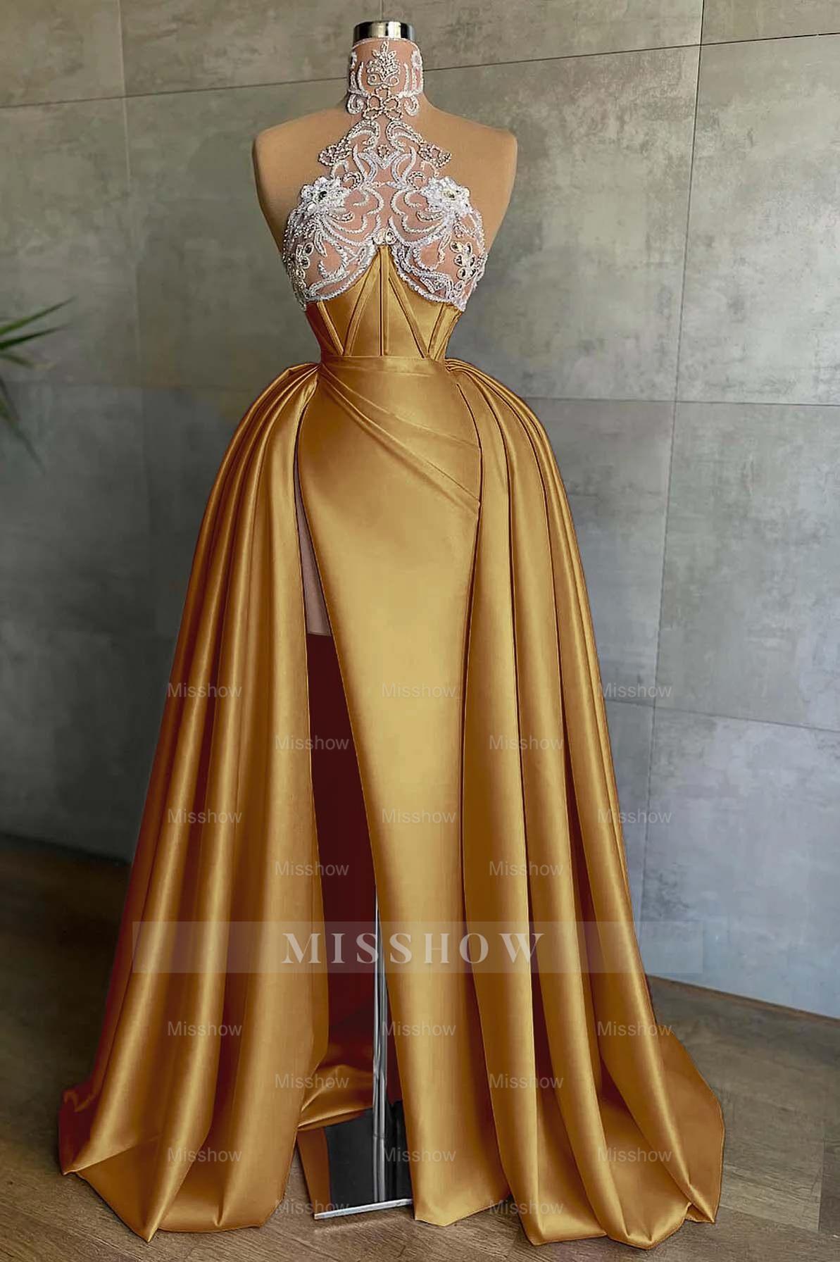 Halter Sleeveless Mermaid Split Long Formal Dress With Appliques