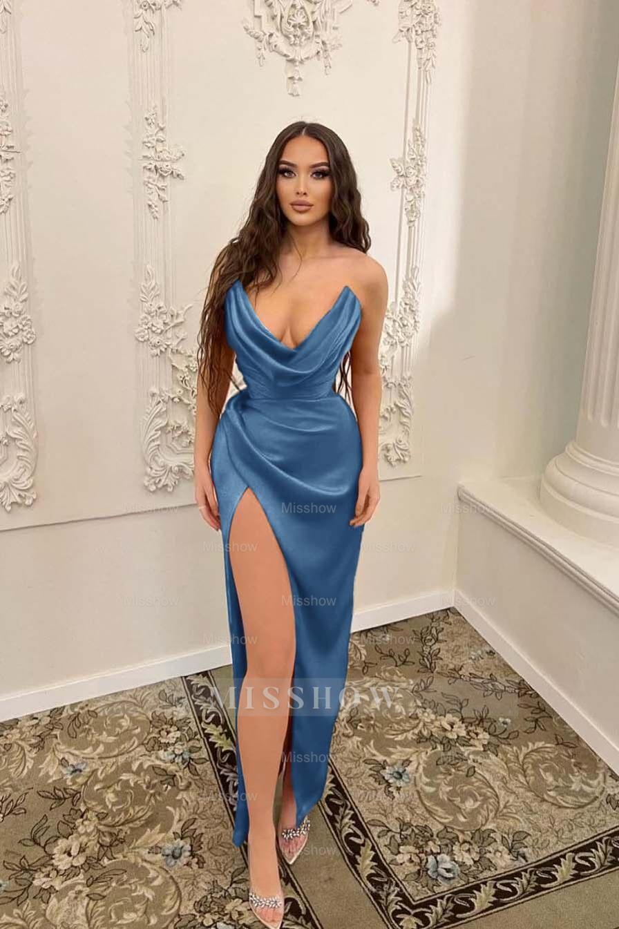 Sleeveless Strapless Long Mermaid Split Formal Dress With Pleated