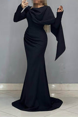 Long Sleeves High Waist Long Mermaid Formal Dress With Ruffles Pleated