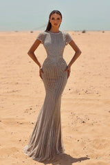 Heavy Formal Dress Silver With Beadings Long Mermaid Sleeveless Jewel