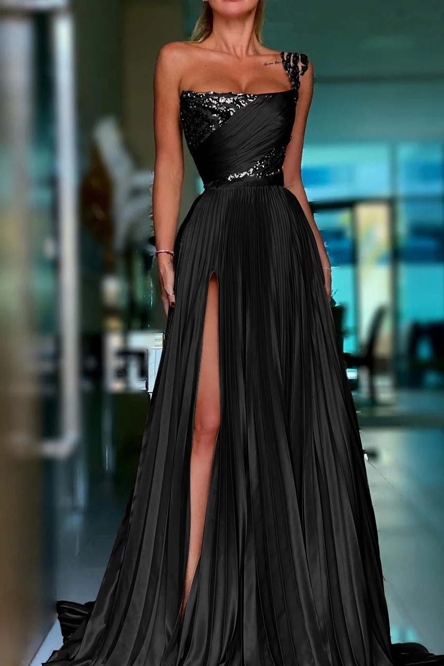 One Shoulder Sleeveless Long Formal Dress With High Split Sequins