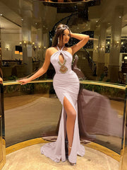 Halter Sleeveless High Split Long Formal Dress With Pleated Beading