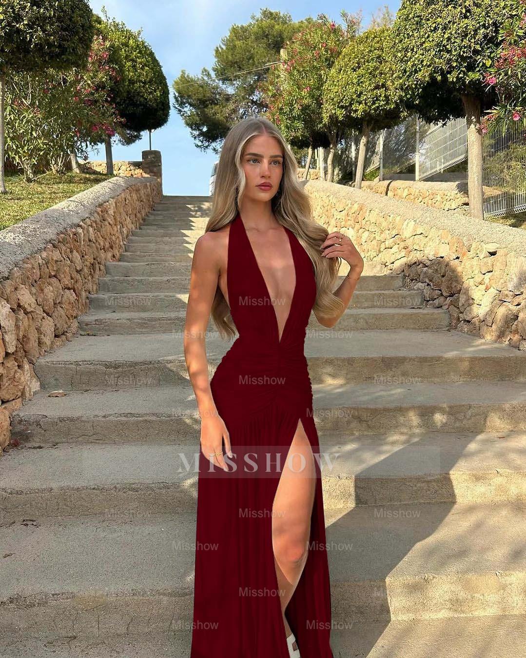 Halter V Neck Sleeveless Long High Split Formal Dress With Pleated