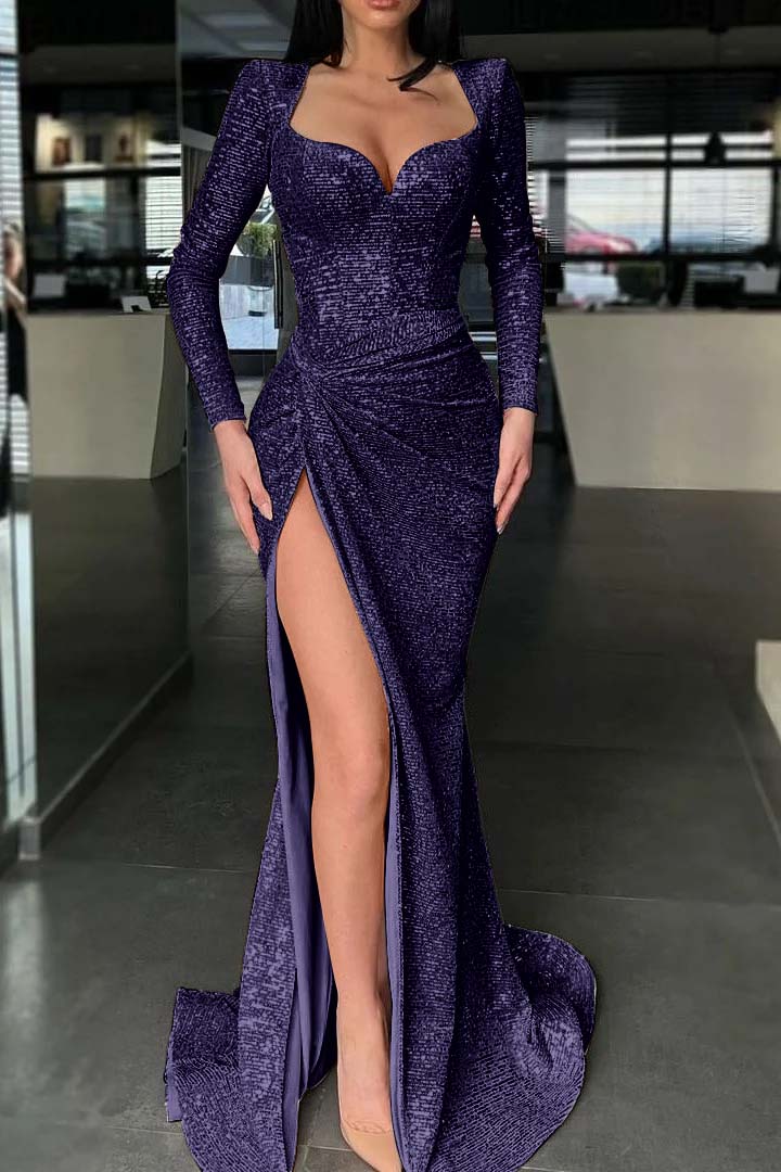 Long Sleeves High Split Long Formal Dress Mermaid With Sequins
