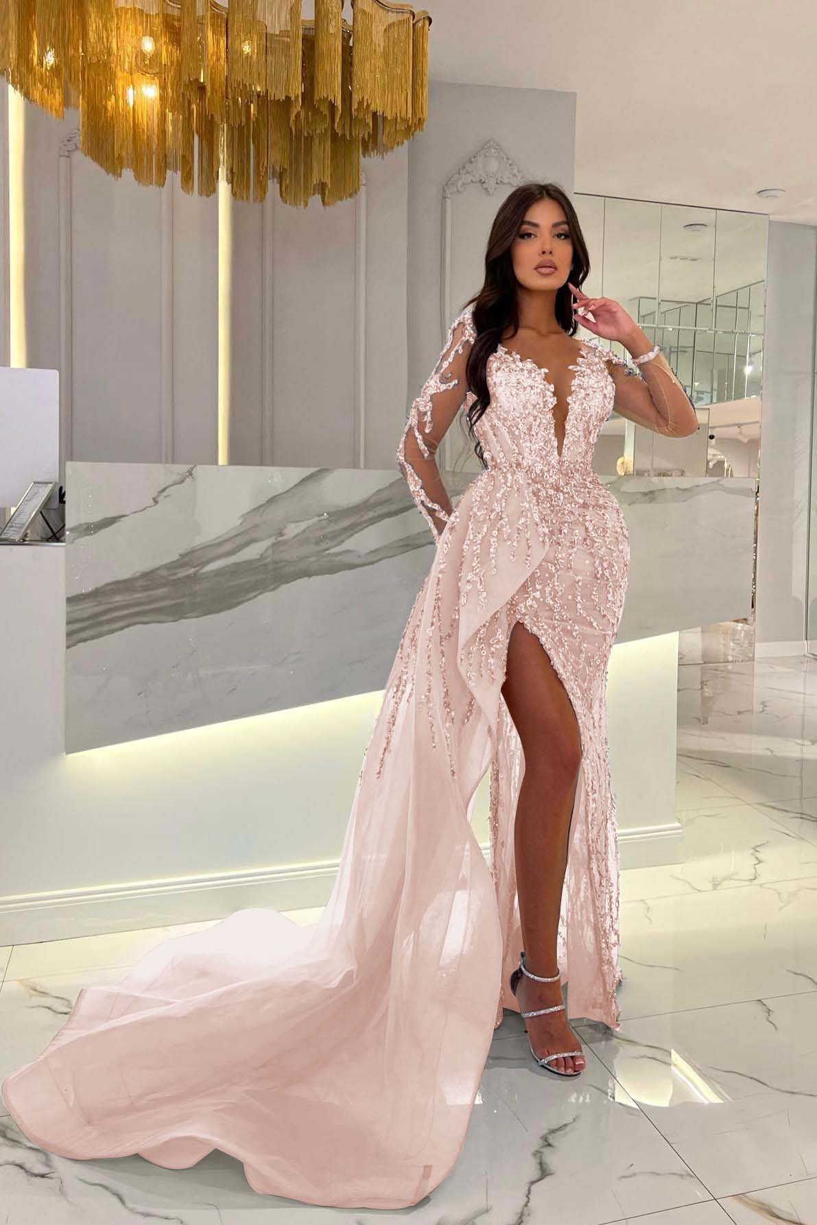 Shiny Blue Split Long Sleeves Mermaid Beaded Formal Dress Appliques Tulle