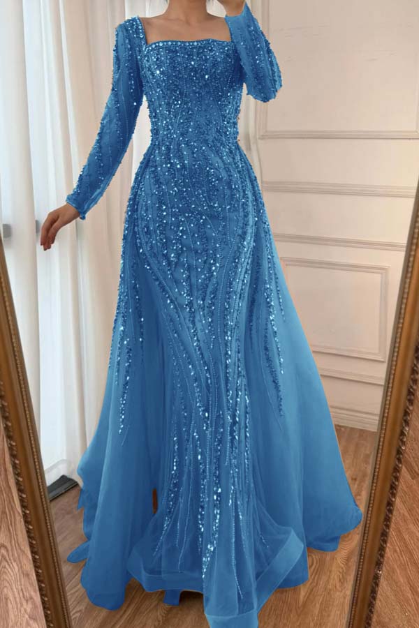 Square Neck Long Sleeves Long Mermaid Formal Dress With Beading Tulle