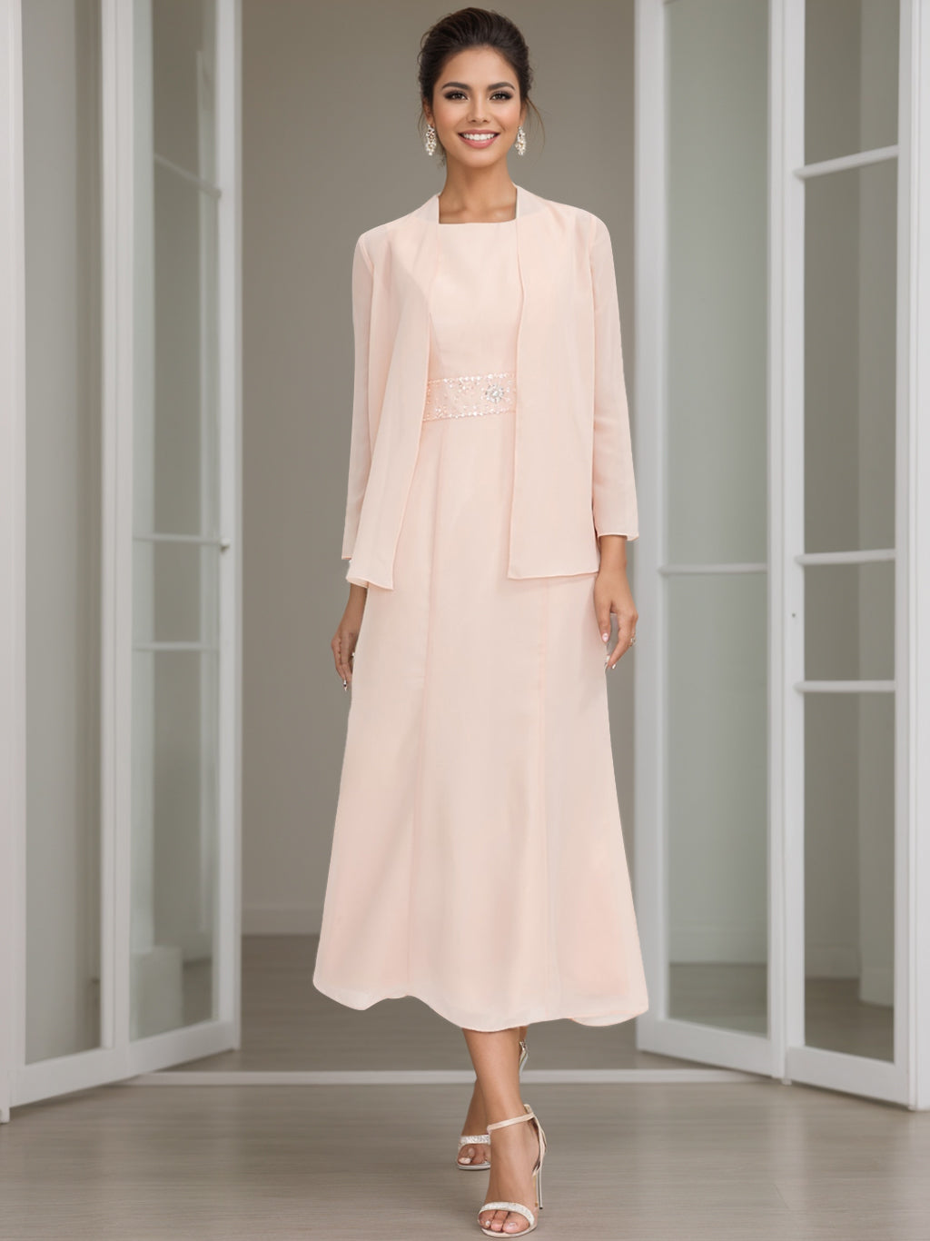 Sheath Column Jewel Neck Tea Length Mother Of The Bride Dresses With Jacket Beading