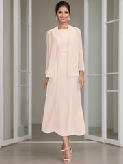 Sheath Column Jewel Neck Tea Length Mother Of The Bride Dresses With Jacket Beading