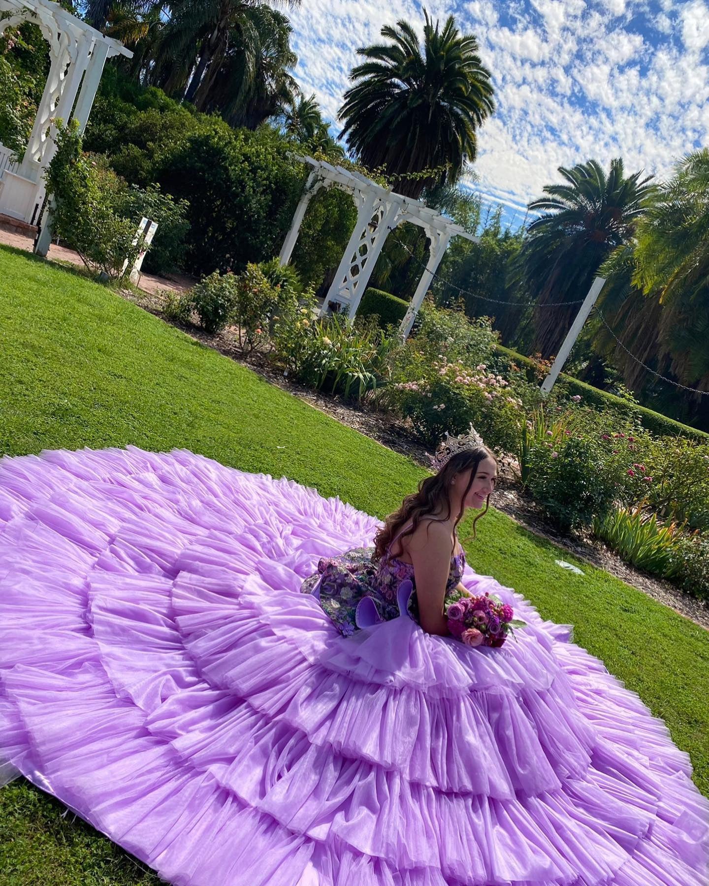 Misshow Lavender Tulle Quinceanera Dress Strapless Ball Gown with Floral Appliques & Tiered Skirt for Sweet 16