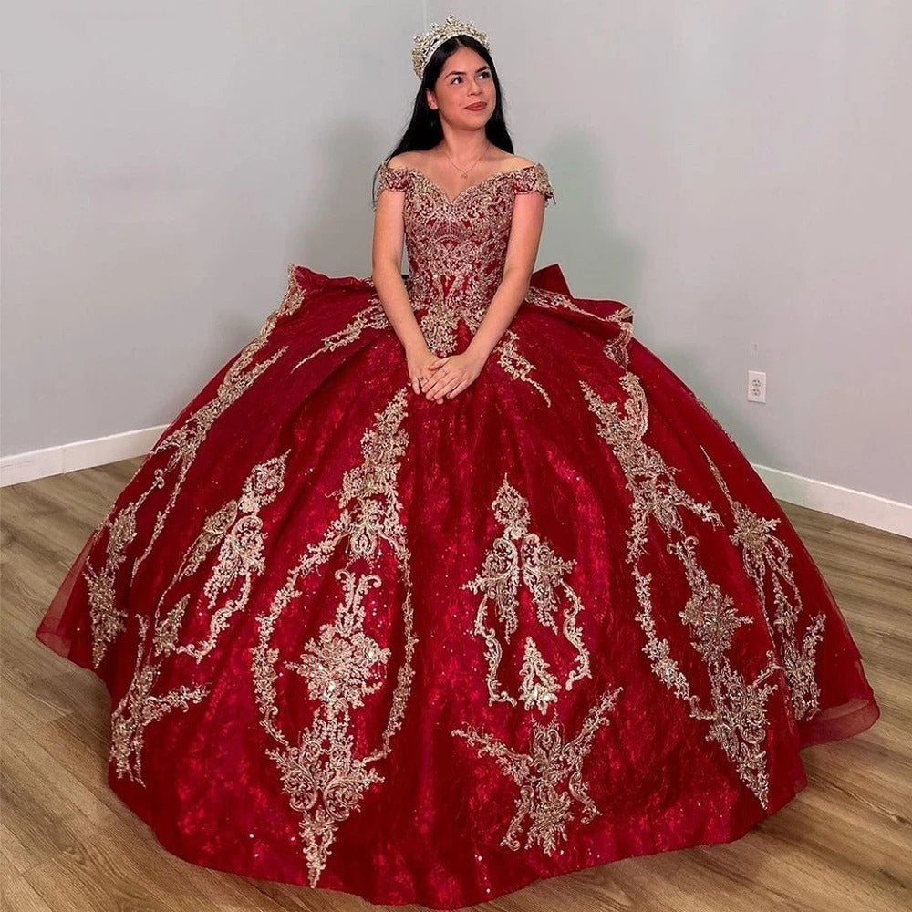 Misshow Off-Shoulder Red Tulle Quinceanera Dress Cap Sleeve Lace Applique Ball Gown for Sweet 16 Prom & Birthday Parties