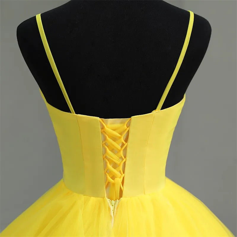 Misshow V-Neck Spaghetti Strap Tiered Yellow Tulle Ball Gown Perfect for Quinceanera & Sweet 16 Celebrations