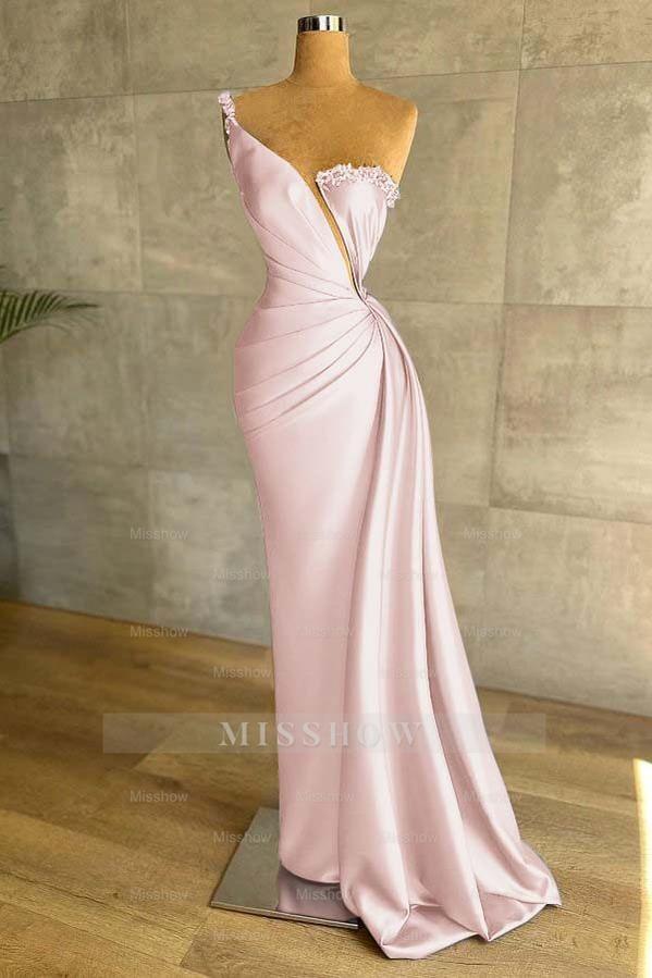 One Shoulder Sleeveless Mermaid Split Long Formal Dress With Beading