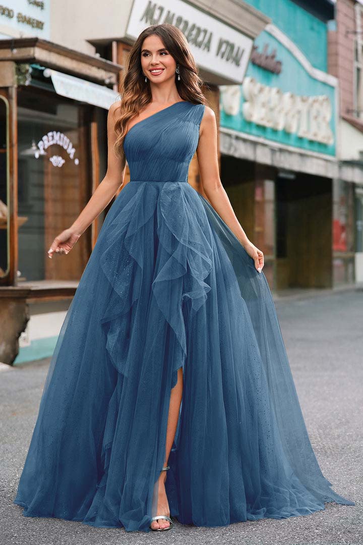 One Shoulder Sleeveless Long Split Formal Dress With Sequins Tulle