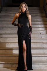 High Neck Sleeveless Mermaid Split Long Formal Dress With Gloves