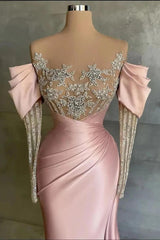 Pink Split Mermaid Long Sleeves Formal Dress Beadings With Appliques Off the Shoulder