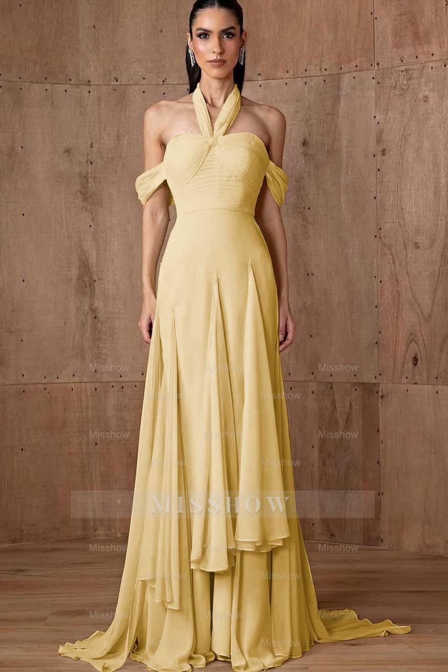 Halter Off the Shoulder Sleeveless Long Formal Dress With Ruffles
