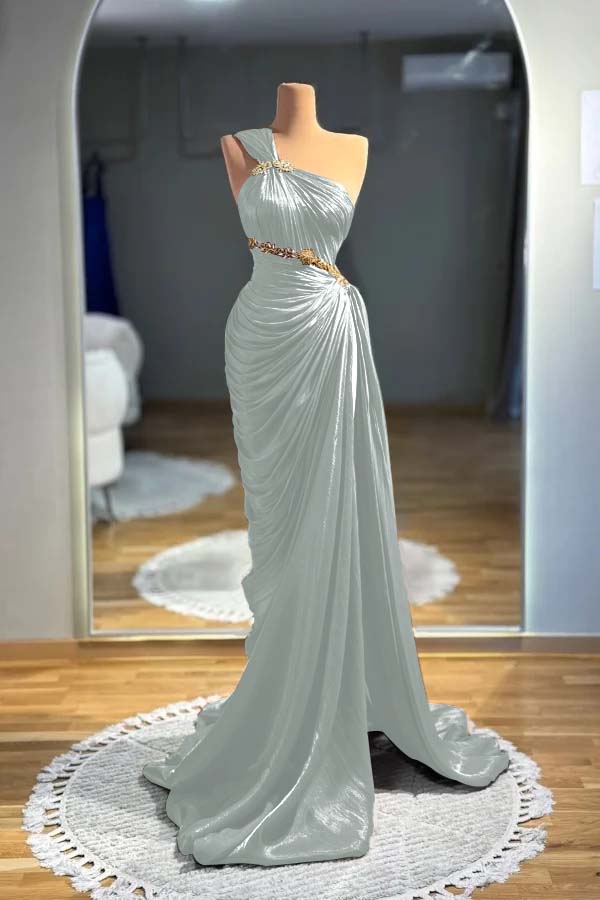 One Shoulder Sleeveless Long Mermaid Formal Dress With Pleated
