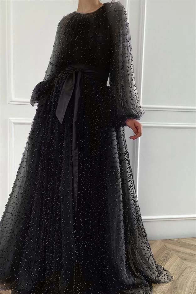 Long Sleeves Long Jewel Neck Formal Dress With Pleated Beading