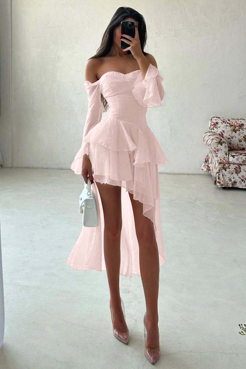 Strapless Long Sleeves Off the Shoulder Short Formal Dress With Ruffles