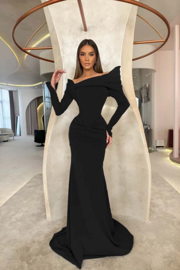 Off the Shoulder Long Sleeves Long Mermaid Formal Dress With Pleated