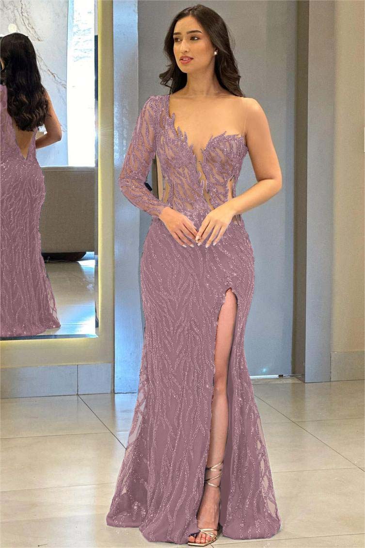 One Shoulder One Long Sleeve Backless Mermaid Split Formal Dress With Appliques