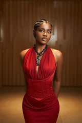 Chic Red Halter Sleeveless Mermaid Long Formal Dress With Pleated