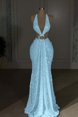 Halter Sleeveless Backless Long Mermaid Formal Dress With Sequins