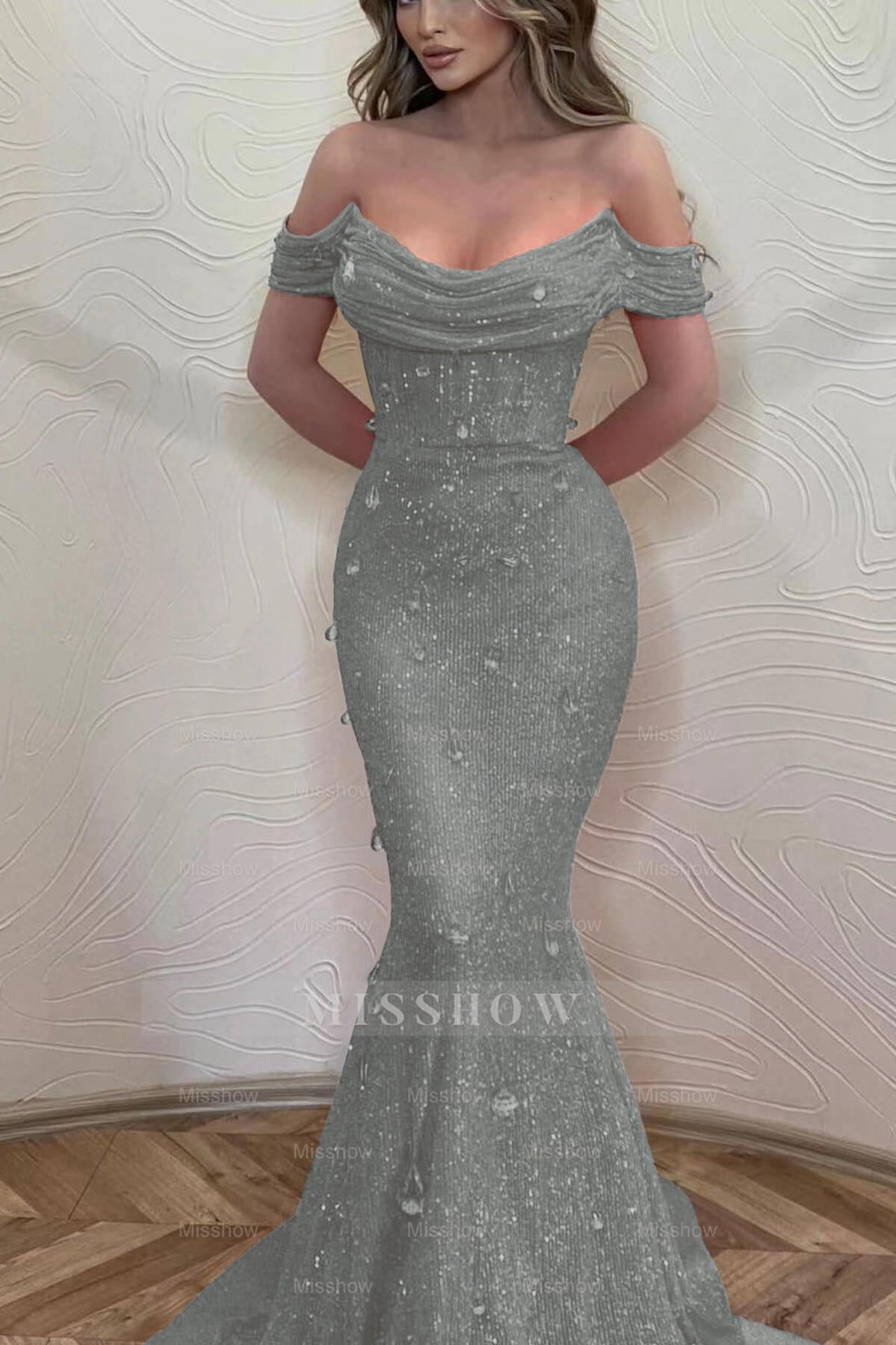 Orange Off the Shoulder Strapless Sleeveless Formal Dress With Sequins Mermaid