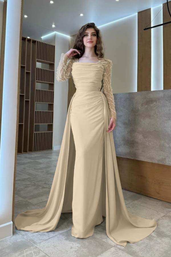 Long Sleeves Square Neck Long Mermaid Formal Dress With Pleated