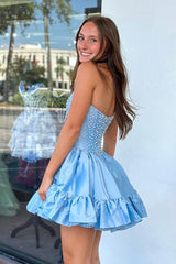 Strapless Pearl Beaded Corset Homecoming Dress Sweetheart Ruffle A-line Mini Skirt