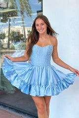 Strapless Pearl Beaded Corset Homecoming Dress Sweetheart Ruffle A-line Mini Skirt