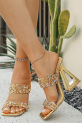 Sparkly Golden Sequin Open Toe Strappy Block Heel Sandals