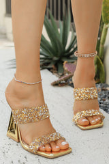 Sparkly Golden Sequin Open Toe Strappy Block Heel Sandals