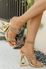 Sparkly Golden Sequin Open Toe Strappy Block Heel Sandals
