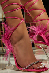 Sparkly Fuchsia Strappy Stiletto Heel Sandals with Feather