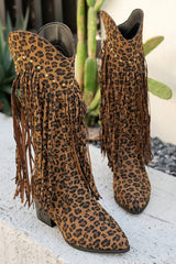 Brown Leopard Wide Calf Chunky Heel Cowgirl Boots with Fringes