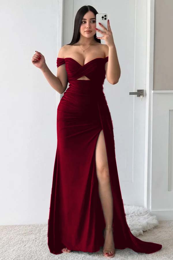 Off the Shoulder Sleeveless Long Split Formal Dress With Pleated